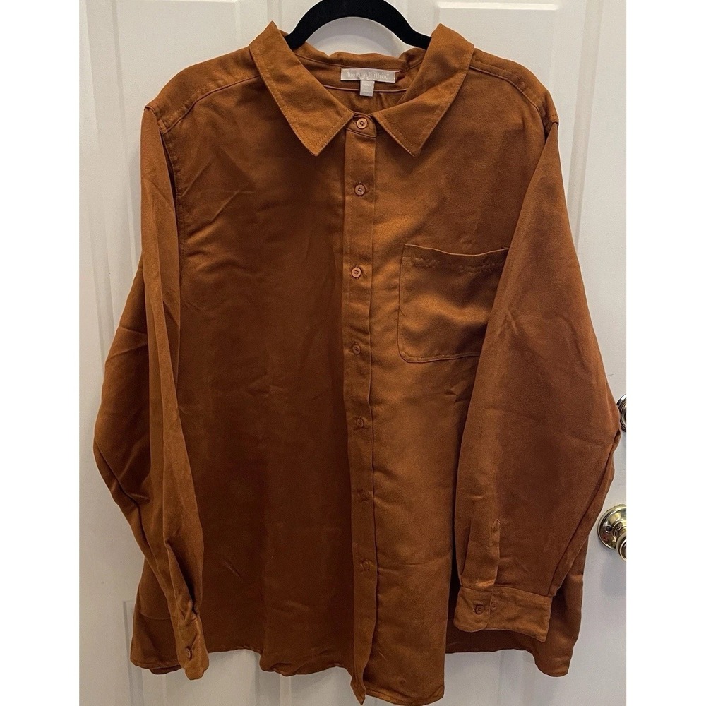 Woman Within Brown Faux Suede Button Up Top Caramel Womens 26 28 Old Money - Picture 2 of 9